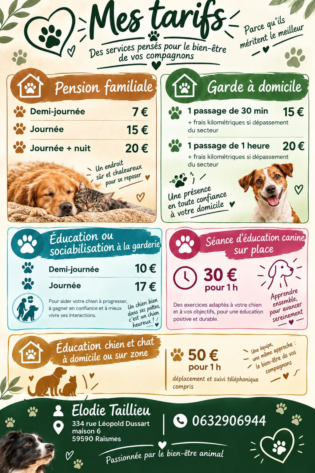 Affiche de toutes les activités et tarifs d'Elodie Taillieu